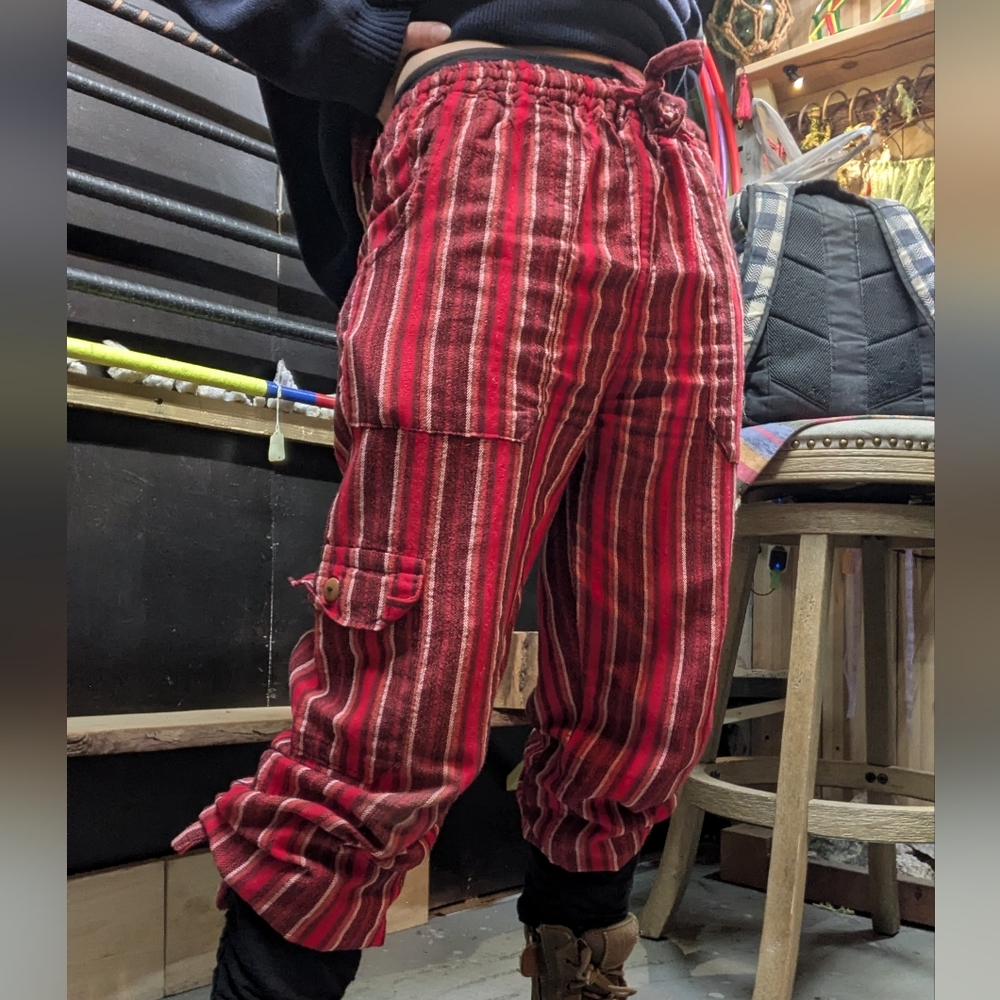 Striped Red Capris Drawstring Hippie Pants